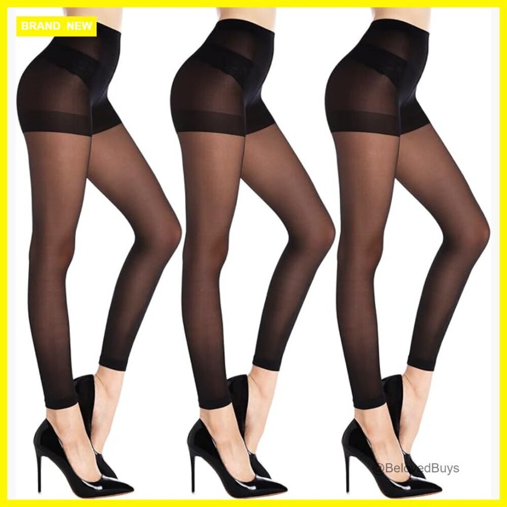Large Sheer Footless Tights 3-Pack Control Top Run Resistant Pantyhose
